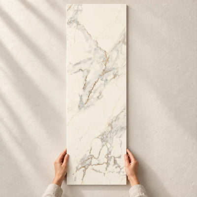 Serene Bianco Beige Smooth Ceramic Wall Tiles – 25x75cm (Rectified) 25x75cm – full tile held in hands – product render
