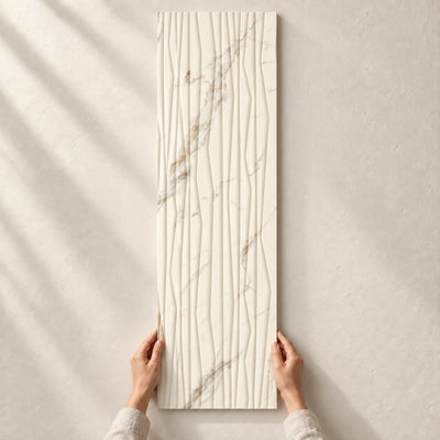 Serene - Bianco Structura 25x75cm – full tile held in hands – product render