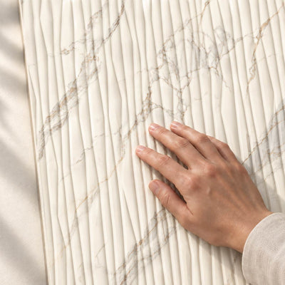 Serene - Bianco Structura 25x75cm – surface detail with hand – product render