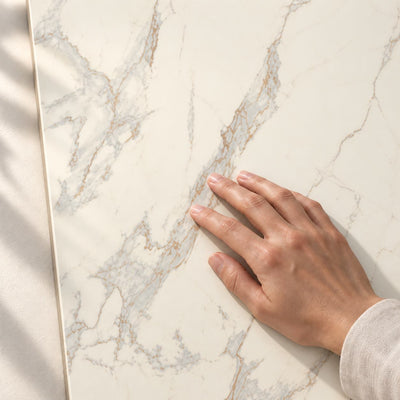 Serene Bianco Beige Smooth Ceramic Wall Tiles – 25x75cm (Rectified) 25x75cm – surface detail with hand – product render