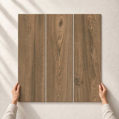 Serene Smooth Brown Rectified Ceramic Wall Tiles – 25x75cm 25x75cm – three wood-look tiles held in hands – product render