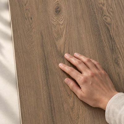Serene Smooth Brown Rectified Ceramic Wall Tiles – 25x75cm 25x75cm – surface detail with hand – product render