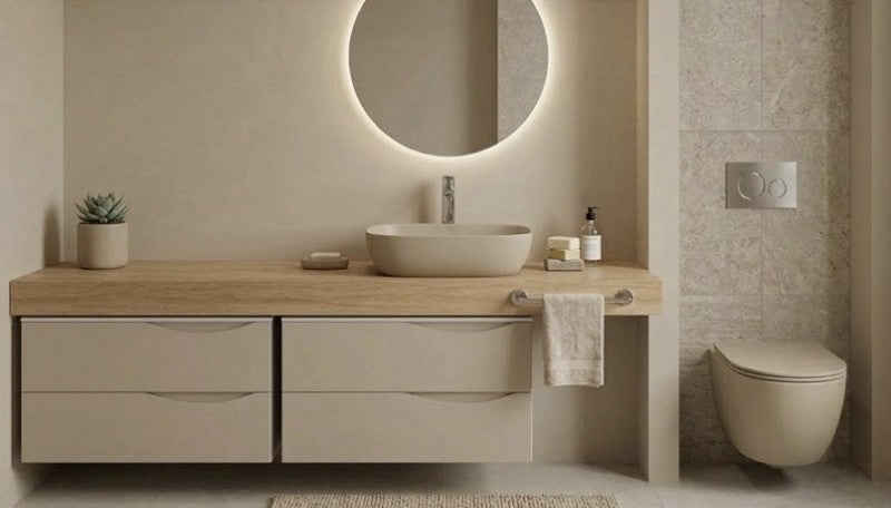 Warm beige minimalist bathroom — round LED mirror, countertop basin, wood vanity and wall-hung WC