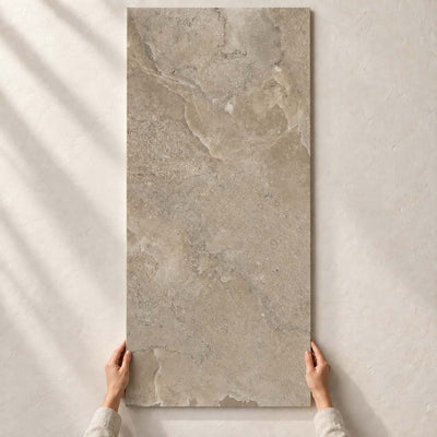 Storm Slate Taupe Matt 120x60cm – full tile held in hands – product render