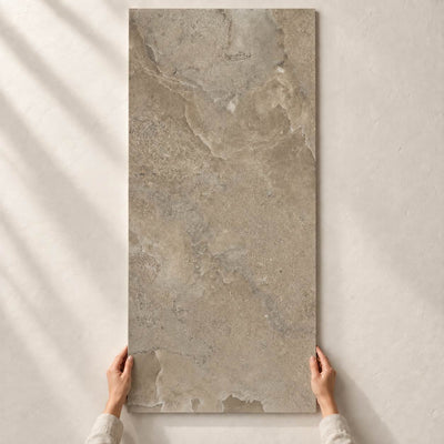 Storm Slate Taupe Semi-Polished 120x60cm – full tile held in hands – product render