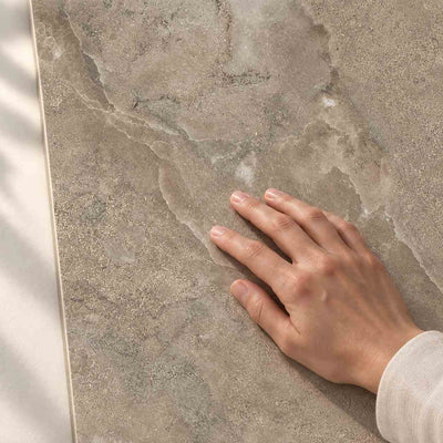 Storm Slate Taupe Semi-Polished 120x60cm – hand touching tile surface – product render