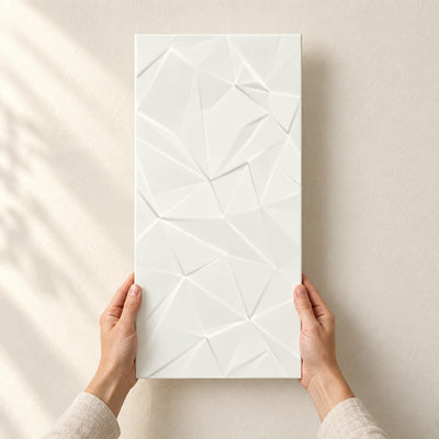 Synergy - Bianco Structura B 60x30cm – full tile held in hands – product render