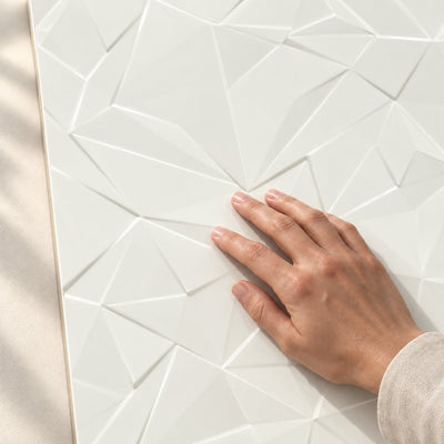 Synergy - Bianco Structura B 60x30cm – hand touching tile surface – product render