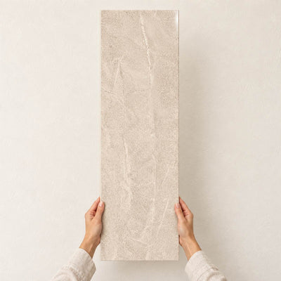 Tempo Nature Gloss Stone Effect Wall Tile 30x90cm – full tile held in hands – product render