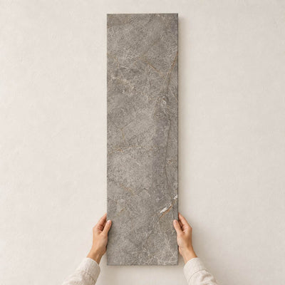 Toscana Gris Grey Marble Effect Tile Matt 30x90cm – full tile held in hands – product render