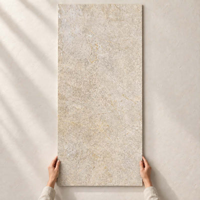 Urban Champagne Beige Structure Matt 120x60cm – full tile held in hands – product render