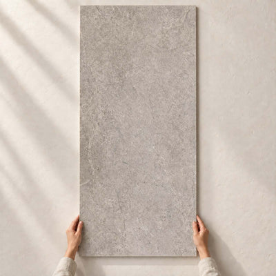 Urban Champagne Taupe Structure Matt 120x60cm – full tile held in hands – product render