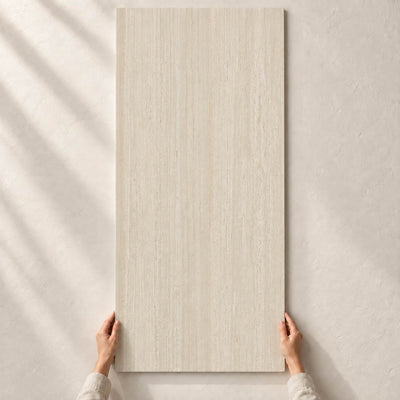 Velmero Greige Structure Matt 120x60cm – full tile held in hands – product render