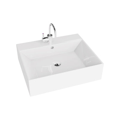 Vista 510mm white ceramic basin shown with optional tap