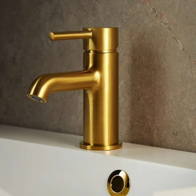 Moza Brushed Gold Low Washbasin Mixer in Bathroom 