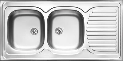 Steel sink, 2-bowl with drainer - lay-on satin