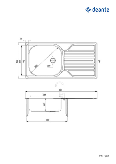 Legato Steel sink 1-bowl with drainer - 2" drain - décor - Deante
