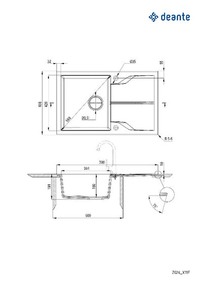 Andante Flush Granite sink 1-bowl with drainer - flush-mounted - metallic graphite - Deante