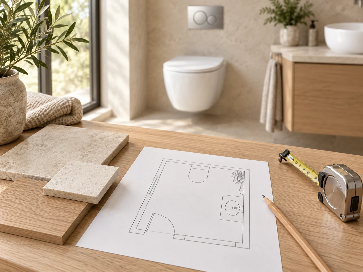 Bathroom plan, tape measure and material samples on an oak worktop