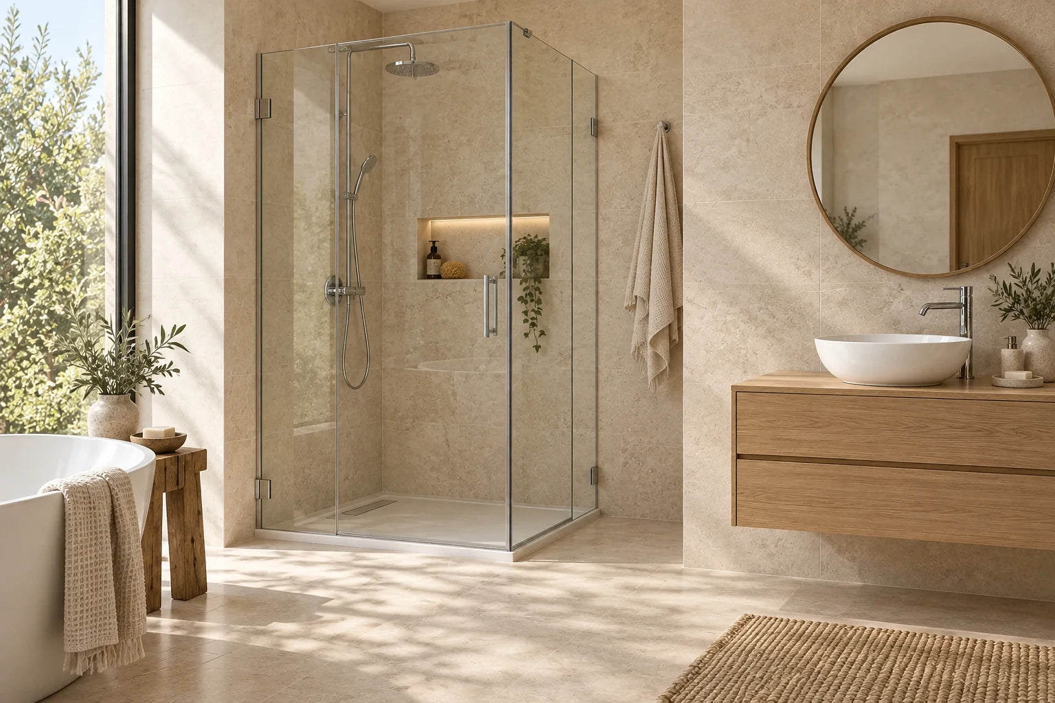 Warm stone bathroom with a full-height glass shower and oak vanity