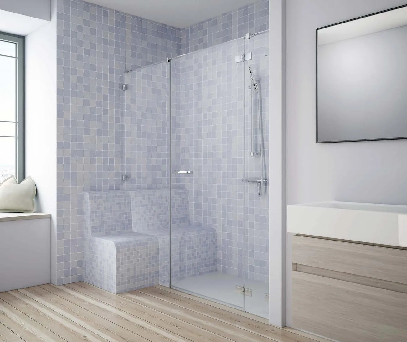 A seat inside the shower